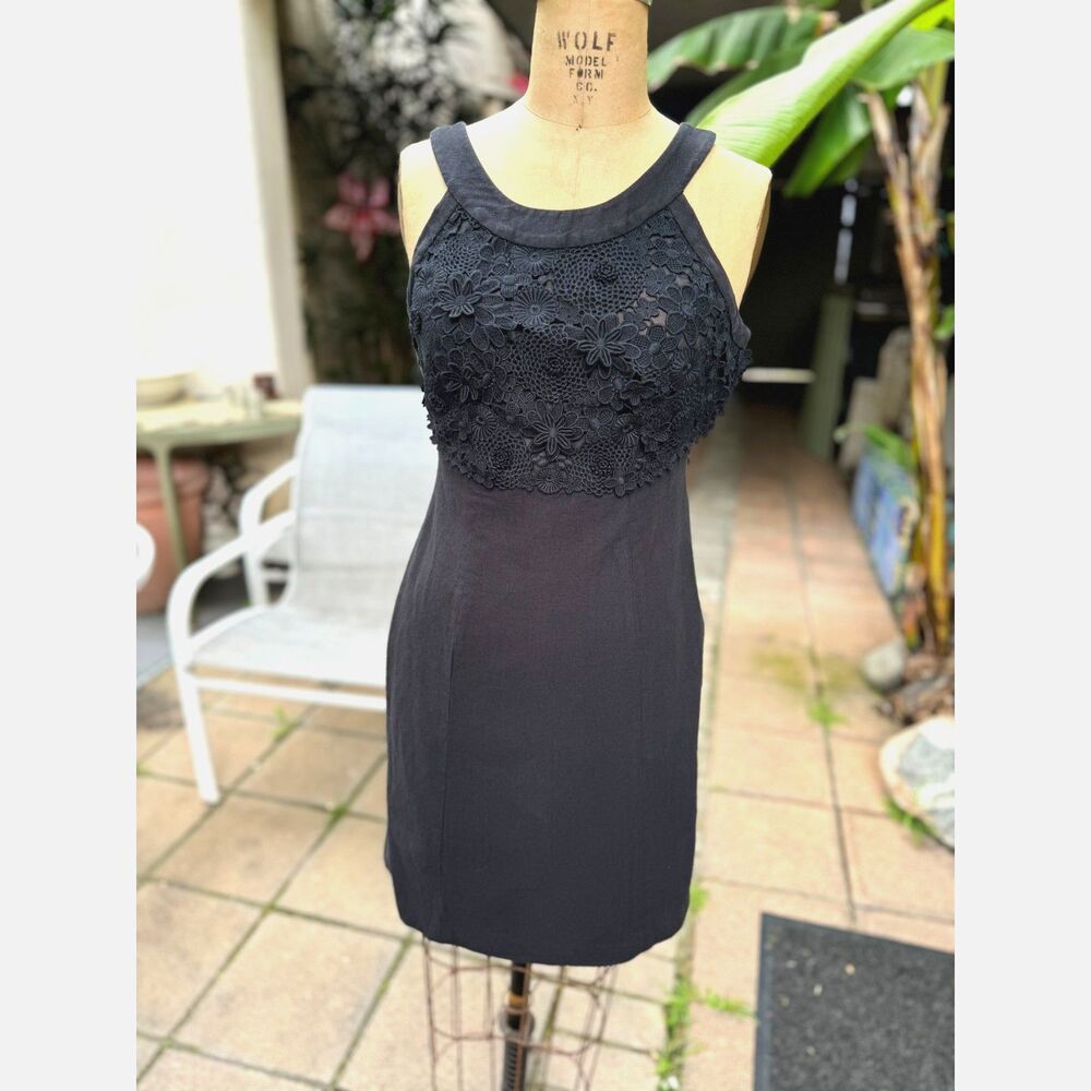 Anthropologie Postmark Oleander Blk Cotton Linen 3D Floral Lace Midi Dress SZ 00